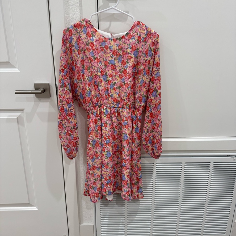 WAYF Sz XS Pink Floral Dolman Sheer Long Sleeve Shore Dress